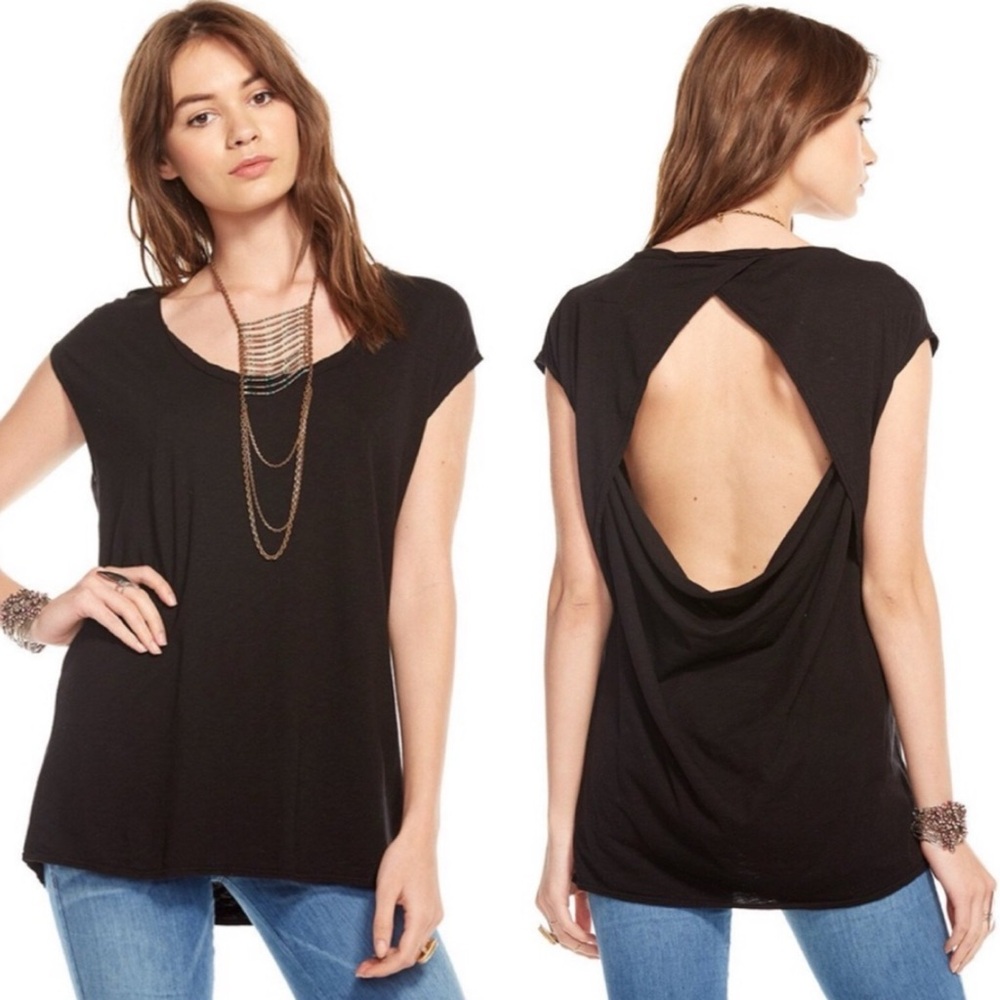Chaser Black Cap Sleeve Open Draped Back Women's Tee Top Size Medium